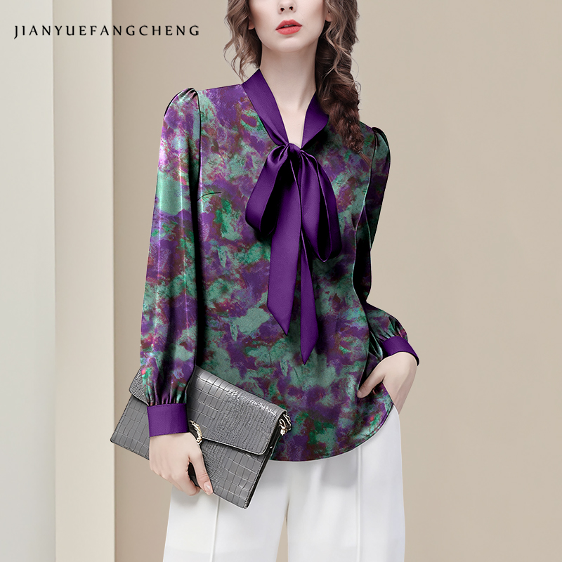 Women Formal Blouses For Evening Wear - Purple Floral Elegant Satin Blouse Women's