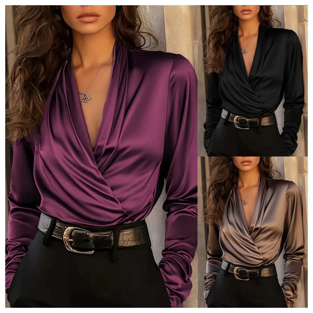 Women's Satin Wrap V Neck Long - Women Formal Blouses For Evening Wear review and price