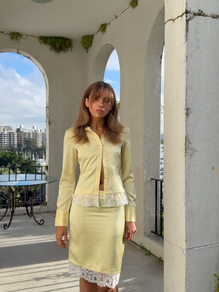 Yellow Lace Trim Two Piece Set - Pencil Skirt Midi review and price